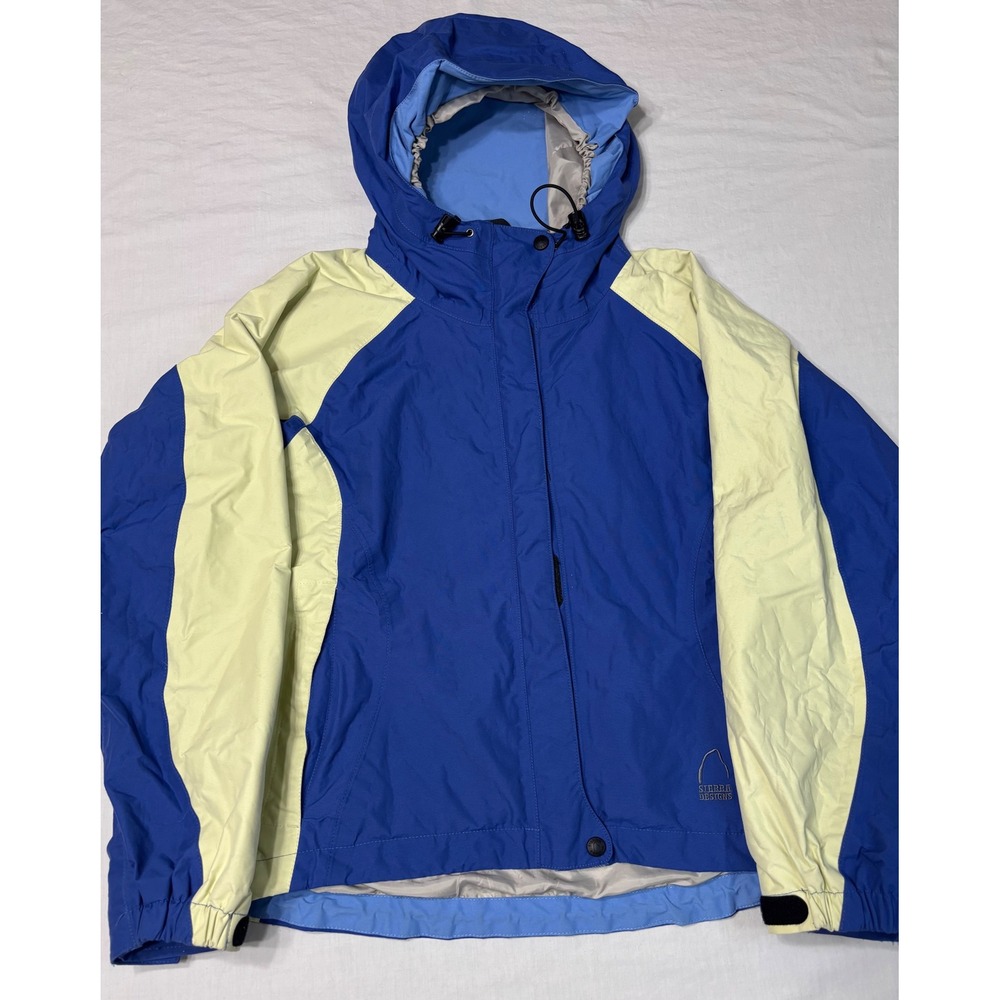Sierra Designs Genesis Rain Jacket Womens Medium Blue Yellow Hooded Shell Coat